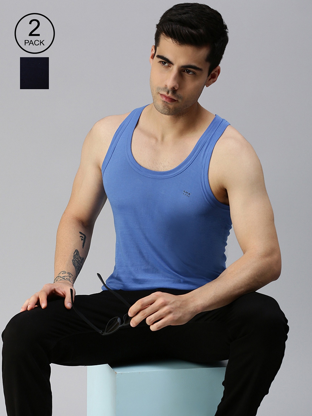 

Lux Cozi Men Pack Of 2 Round Neck Sleeveless Cotton Innerwear Vests, Blue