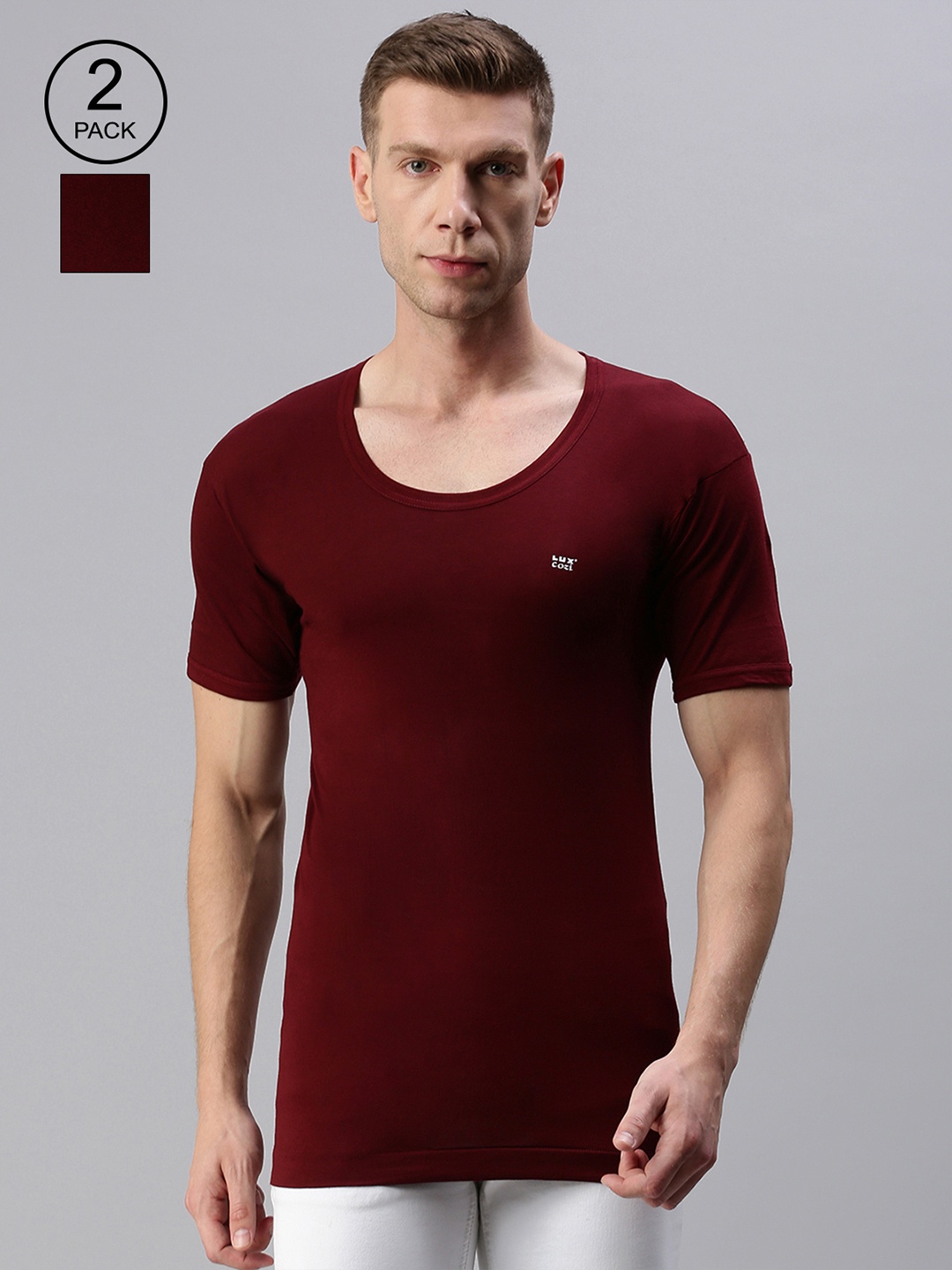 

Lux Cozi Men Pack Of 2 Round Neck Short Sleeves Pure Cotton Innerwear Basic Vests, Maroon