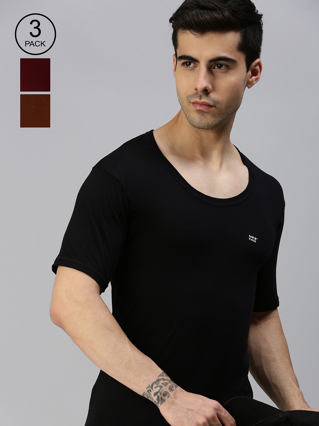 

Lux Cozi Men Set Of 3 Solid Pure Cotton Innerwear Basic Vests, Black