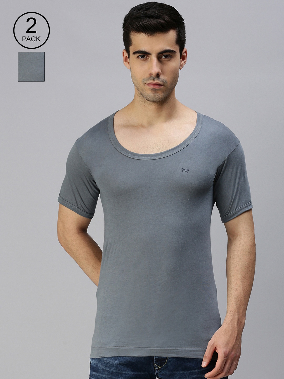 

Lux Cozi Men Pack of 2 Round Neck Half-Sleeve Innerwear Vests, Grey
