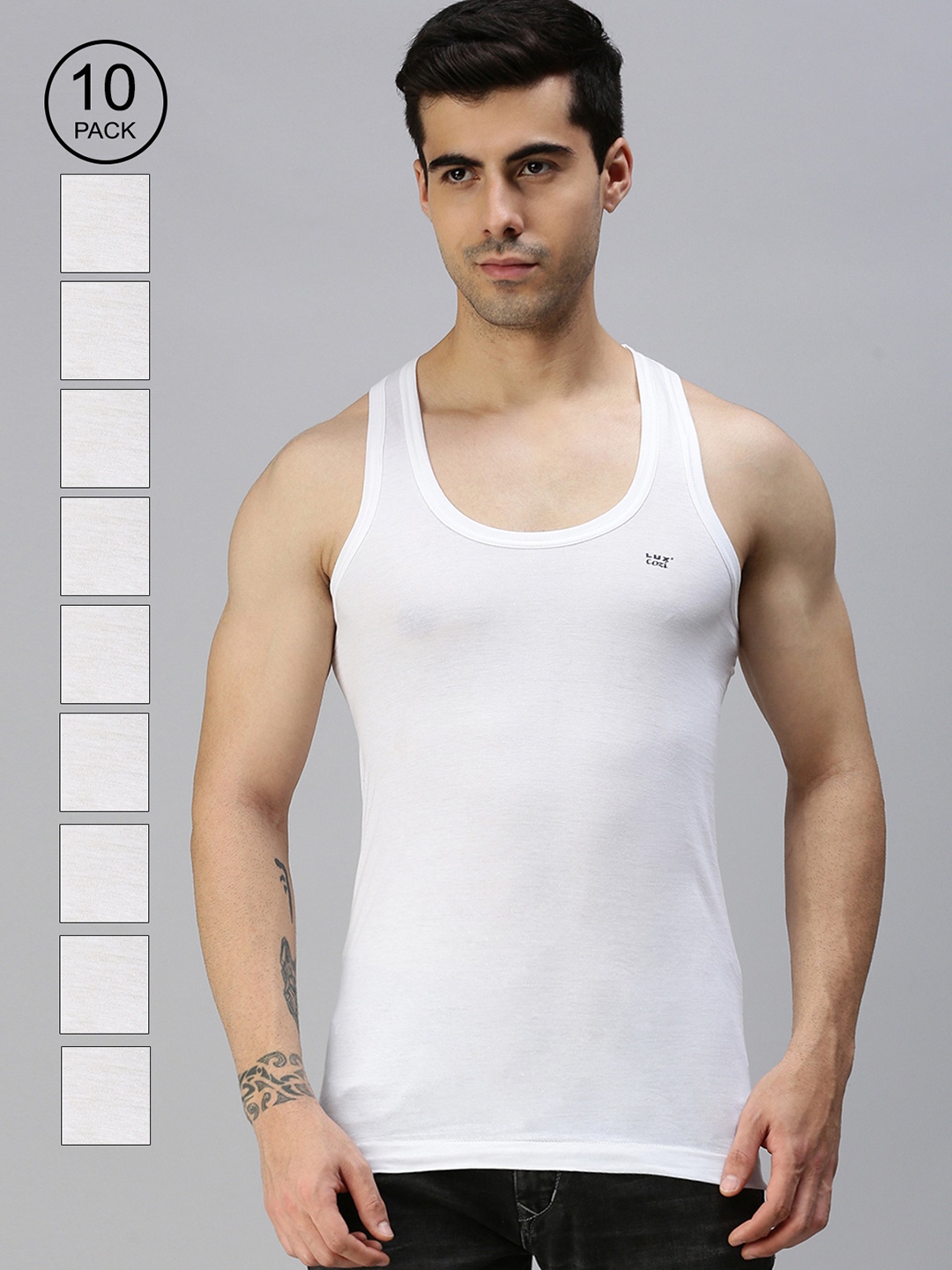 

Lux Cozi Men Pack Of 10 Round Neck Sleeveless Organic Cotton Innerwear Vests, Assorted