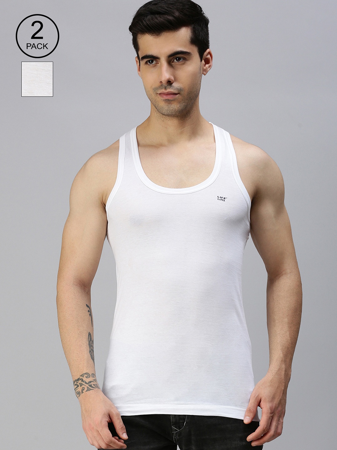 

Lux Cozi Men Pack Of 2 Round Neck Sleeveless Organic Cotton Basic Vests, White