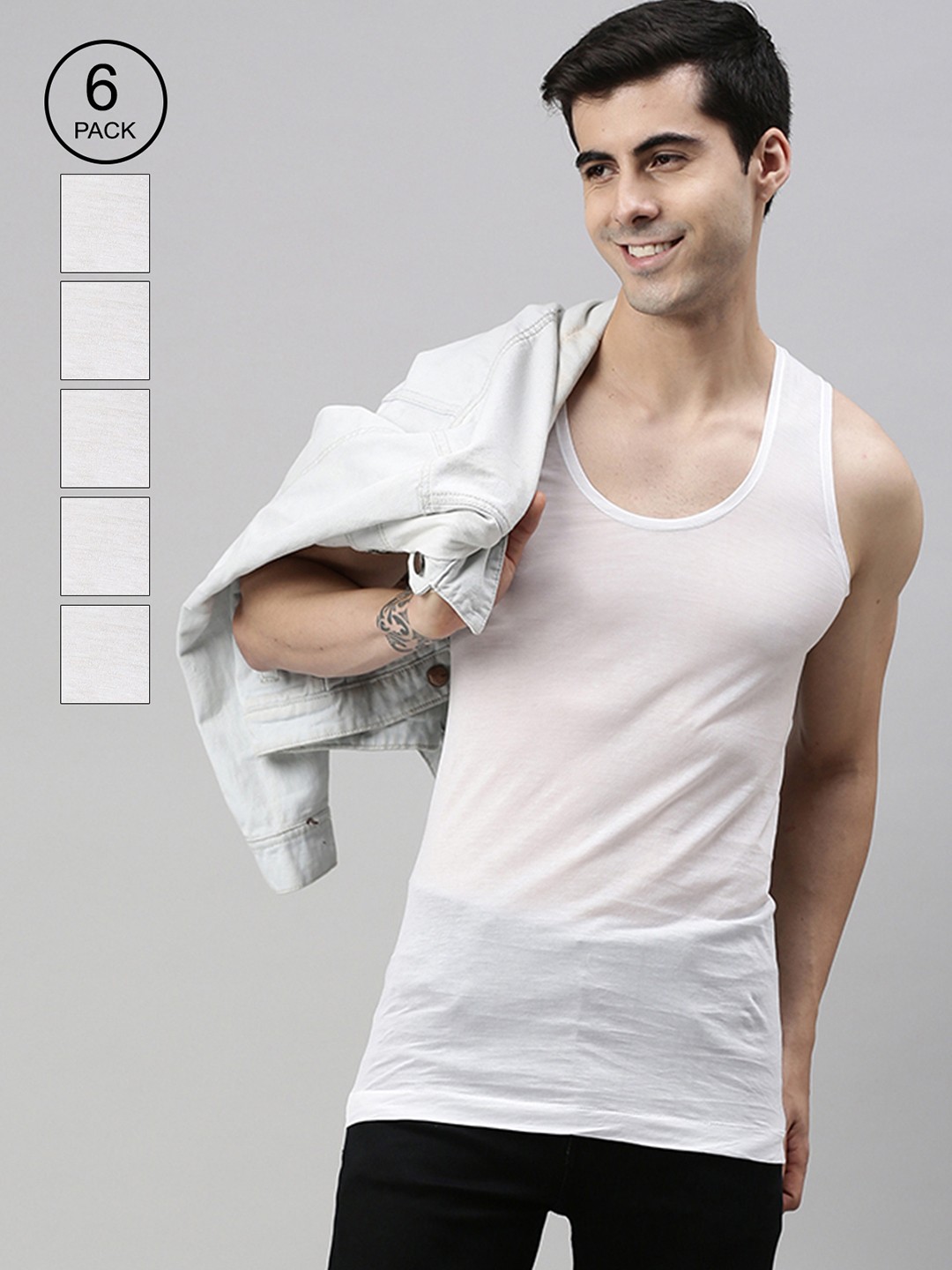 

Lux Cozi Men Pack Of 6 Solid White Organic Cotton Innerwear Basic Vests