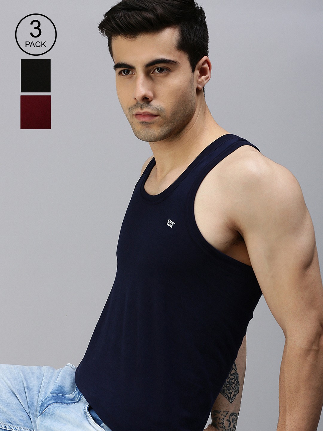 

Lux Cozi Men Pack Of 3 Solid Organic Cotton Basic Vests, Black
