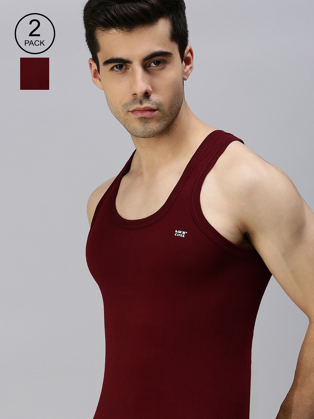 

Lux Cozi Men Pack Of 2 Round Neck Sleeveless Innerwear Vests, Maroon