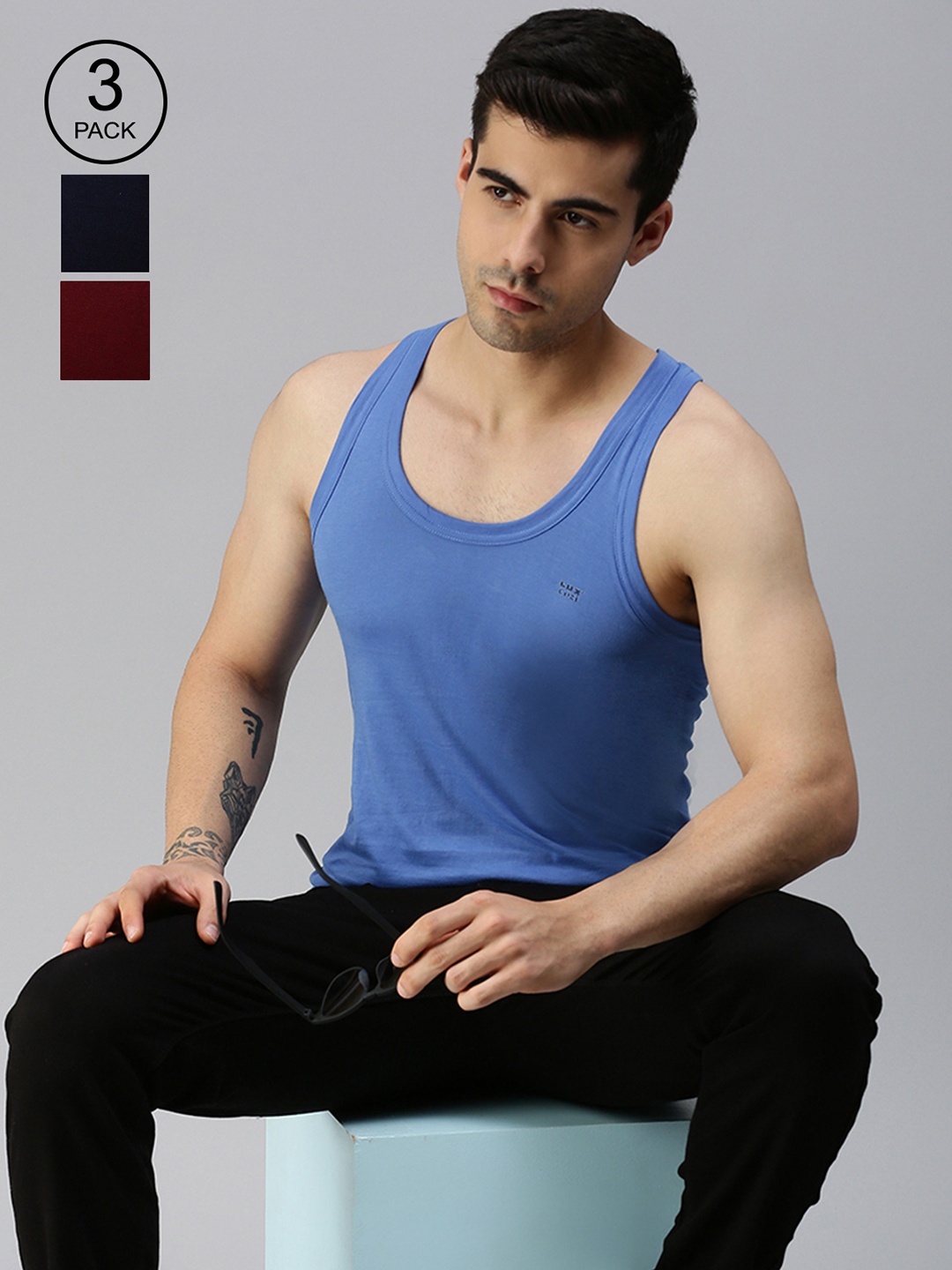 

Lux Cozi Men Pack Of 3 Round Neck Sleeveless Organic Cotton Basic Innerwear Vests, Blue