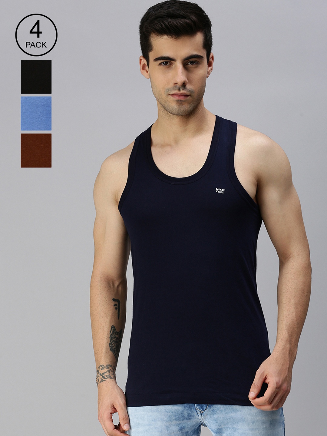 

Lux Cozi Men Pack Of 4 Assorted Pure Cotton Innerwear Sleeveless Basic Color Vests