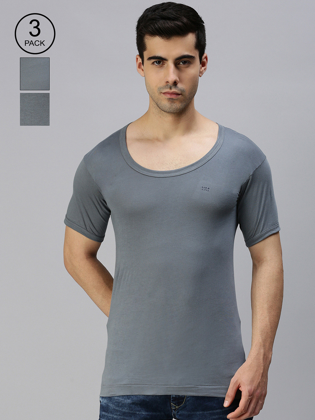 

Lux Cozi Men Pack of 3 Round Neck Half-Sleeve Innerwear Vests, Grey