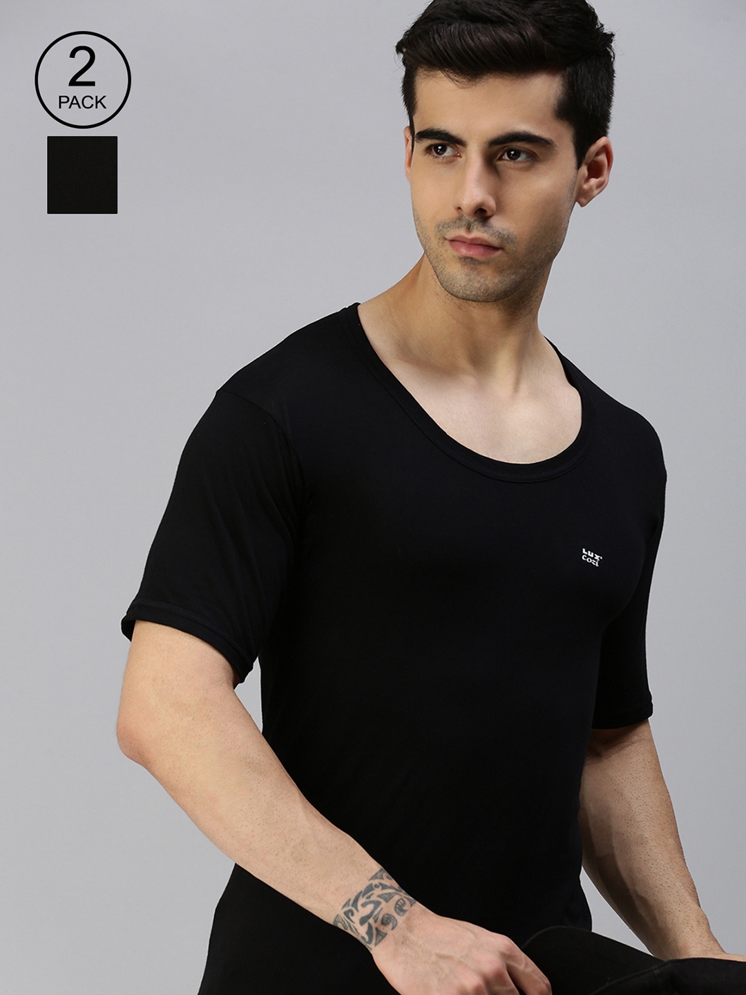 

Lux Cozi Men Pack Of 2 Black Organic Solid Cotton Basic Vests