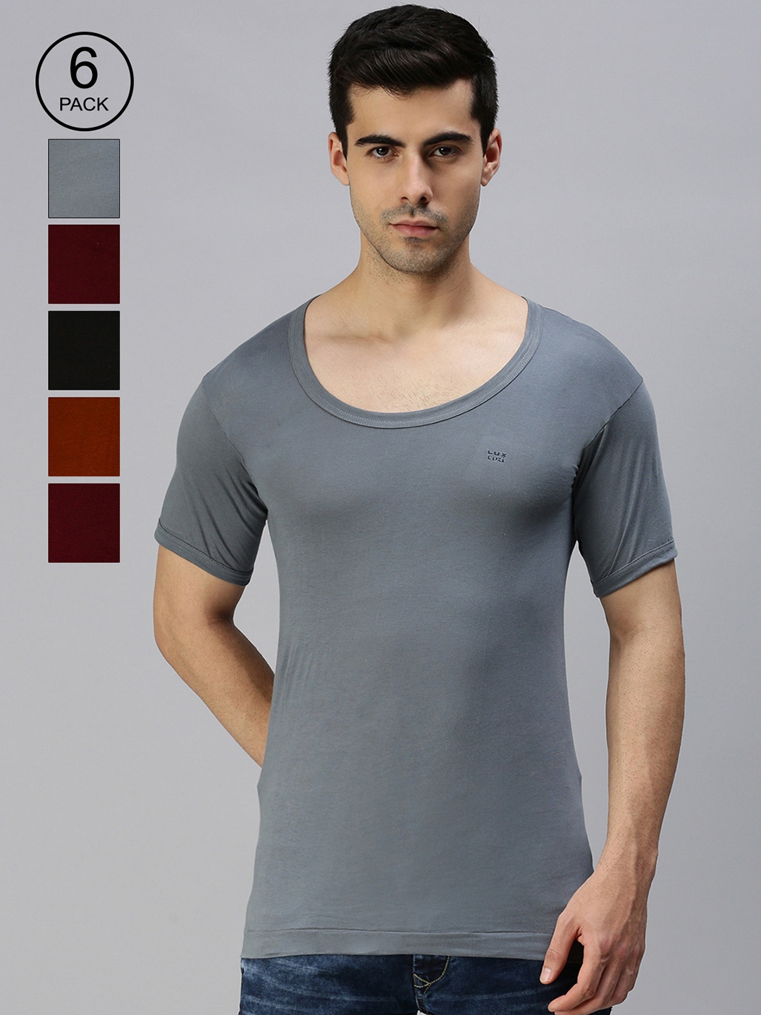 

Lux Cozi Men Pack Of 6 Assorted Pure Cotton Short Sleeves Basic Innerwear Vests