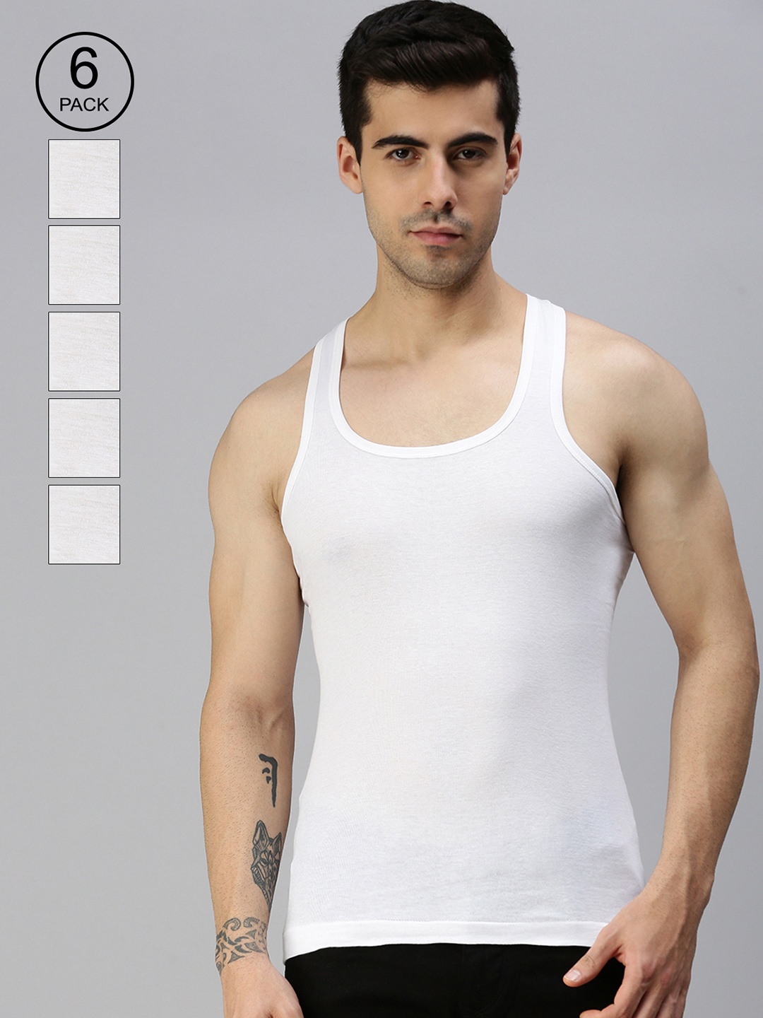 

Lux Cozi Men Pack of 6 Round Neck Sleeveless Mexx Solid Organic Cotton Innerwear Vests, White