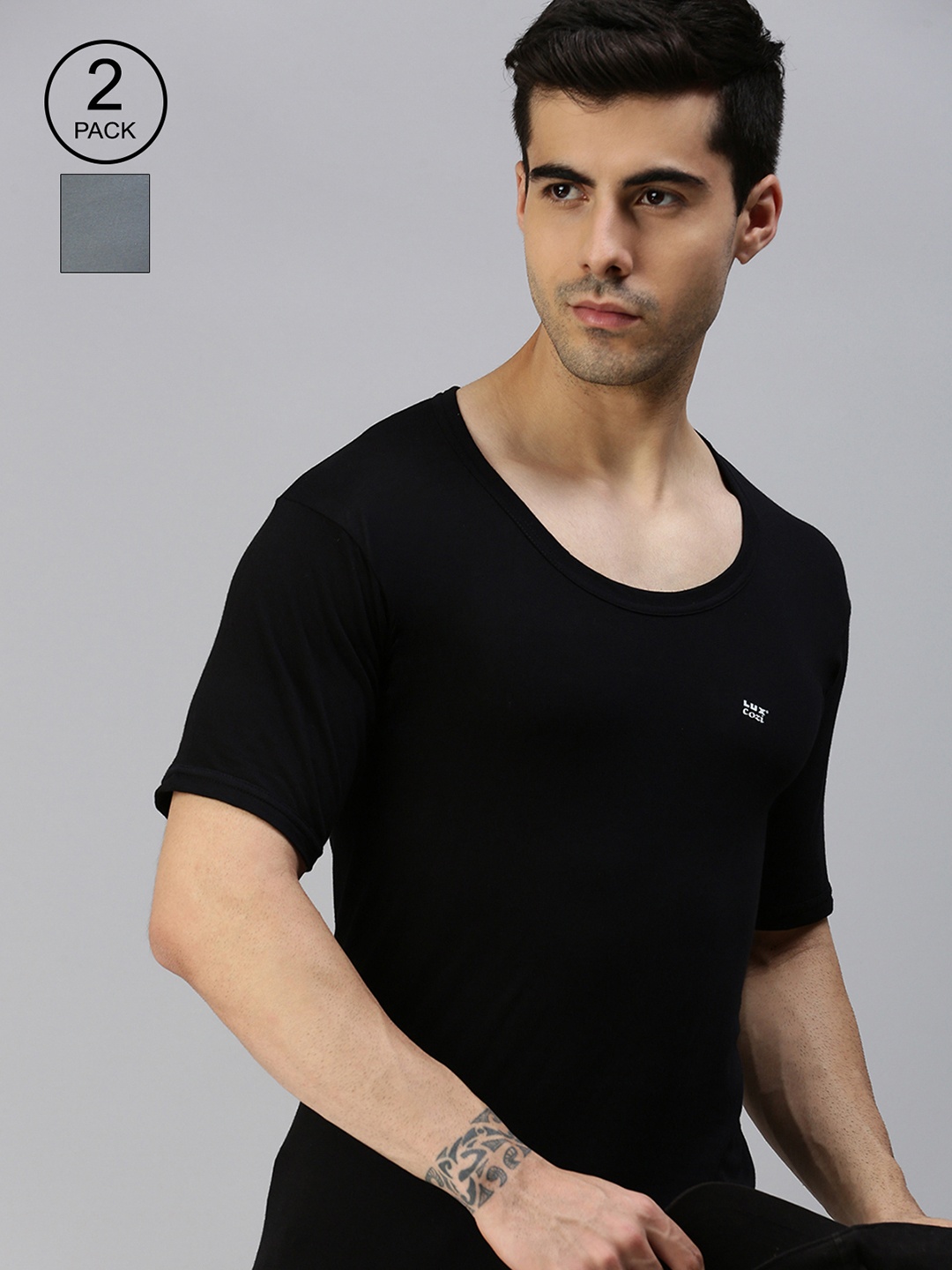 

Lux Cozi Men Pack Of 2 Black & Grey Solid Organic Cotton Innerwear Vests