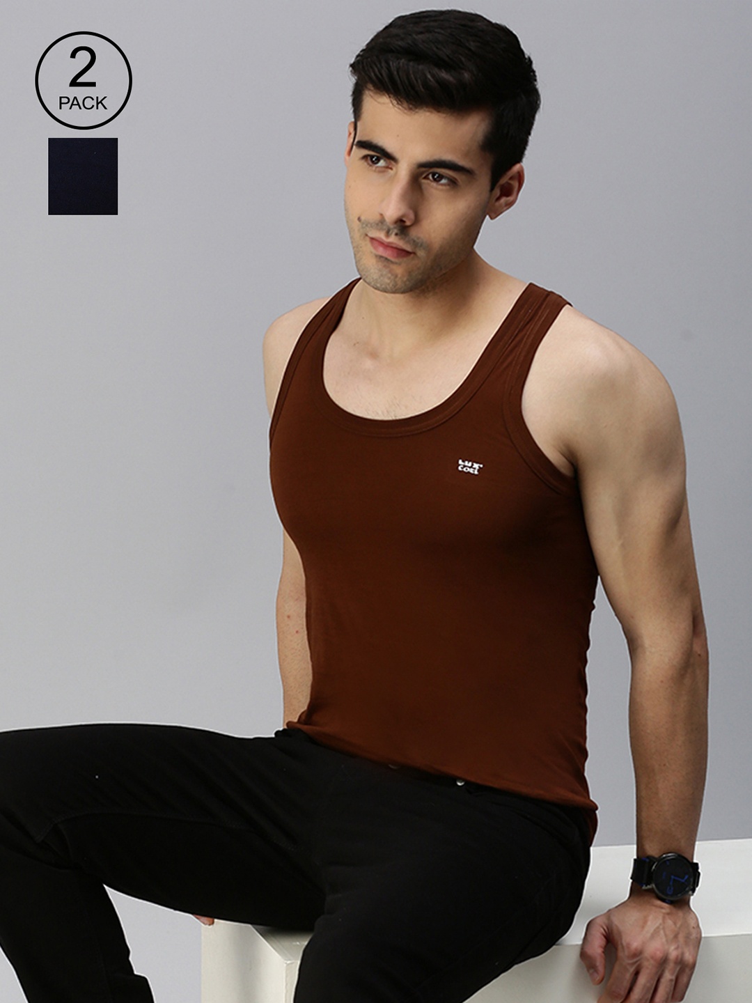 

Lux Cozi Men Pack Of 2 Coffee Brown & Navy Blue Solid Organic Cotton Basic Innerwear Vests
