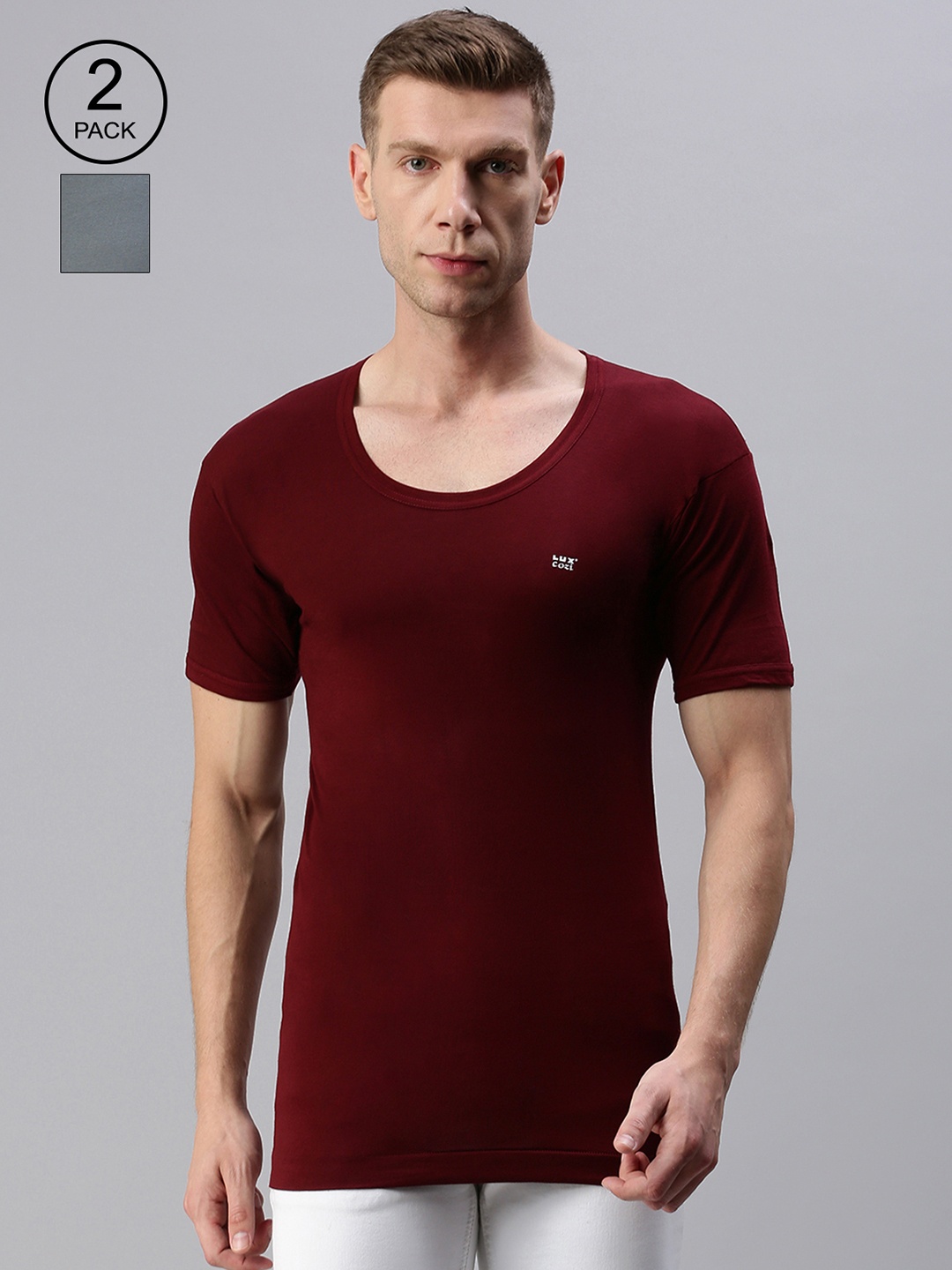 

Lux Cozi Pack of 2 Pure Cotton Round Neck Half-Sleeve Innerwear Vests, Maroon