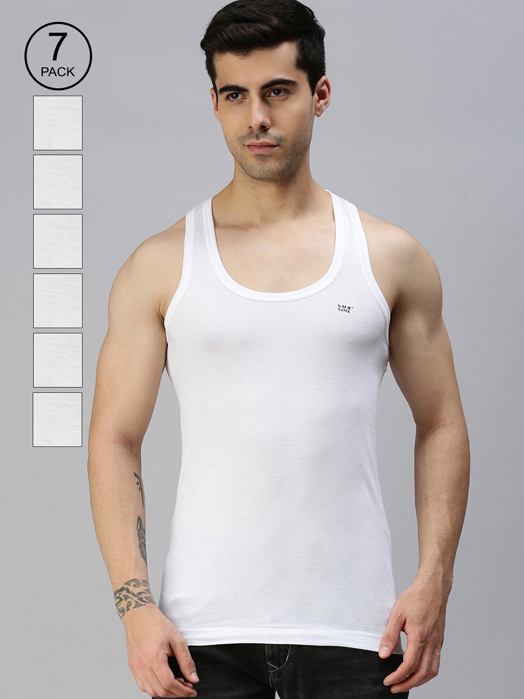 

Lux Cozi Men Pack Of 7 White Solid Organic Cotton Basic Innerwear Vests