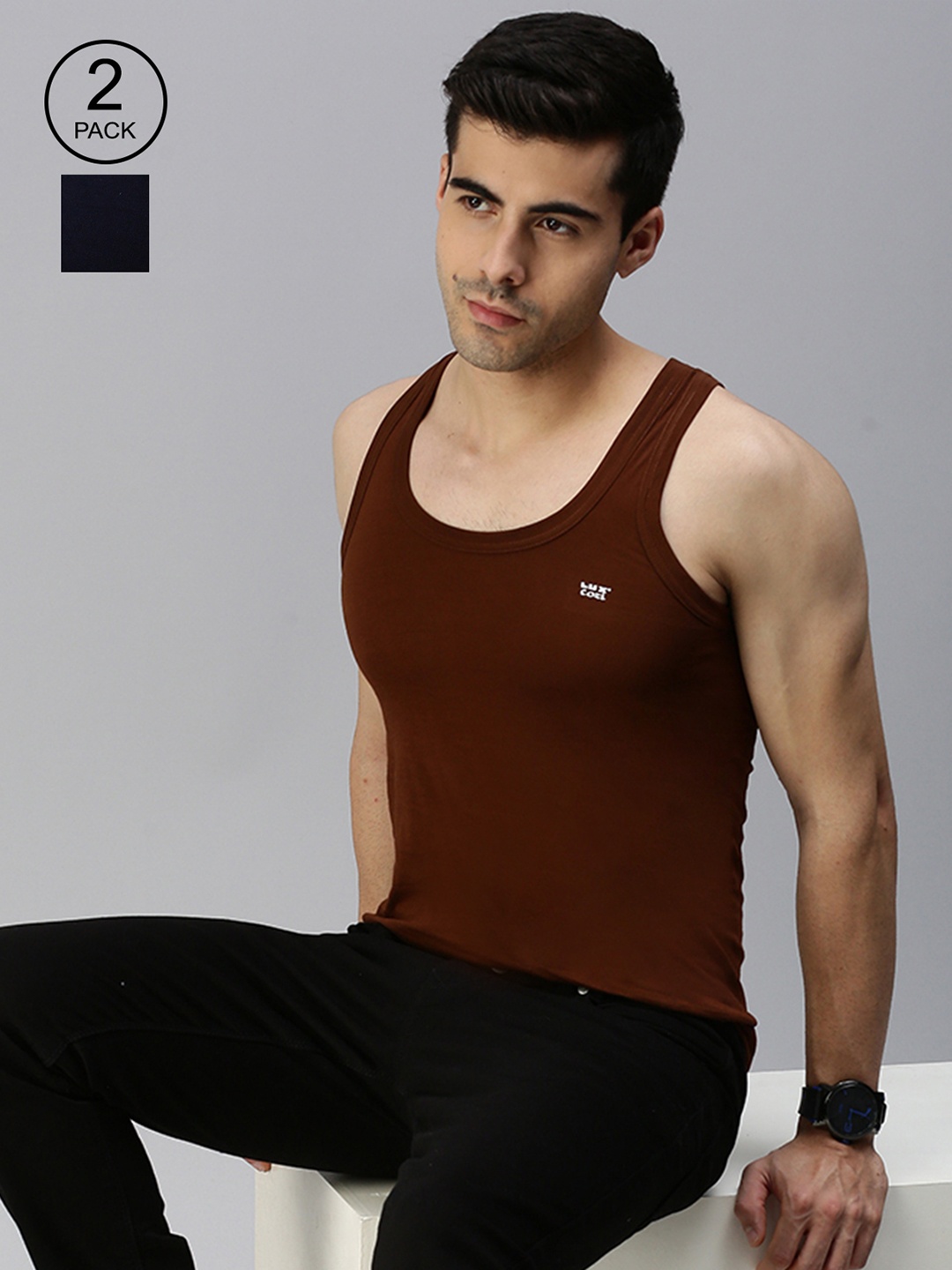 

Lux Cozi Men Pack Of 2 Coffee Brown & Navy Blue Solid Organic Cotton Innerwear Vests