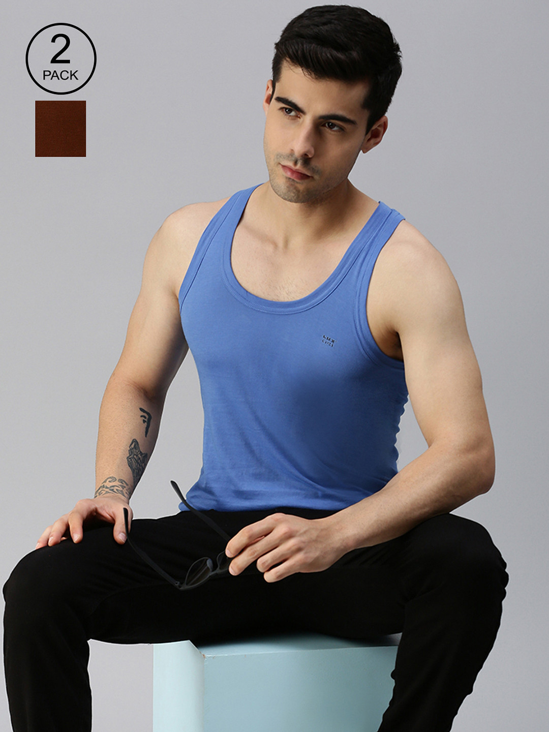 

Lux Cozi Men Pack Of 2 Blue & Coffee Brown Solid Organic Cotton Innerwear Basic Vests