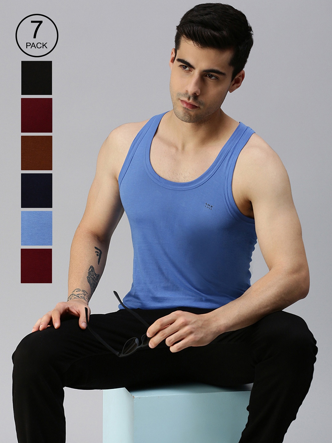Lux Cozi Men Pack Of 7 Assorted Pure Cotton Basic Sleeveless Innerwear Vests