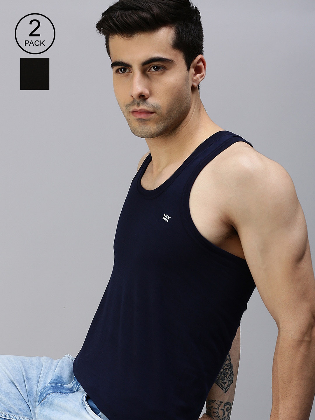 

Lux Cozi Men Pack Of 2 Black & Navy Blue Solid Organic Cotton Innerwear Vests