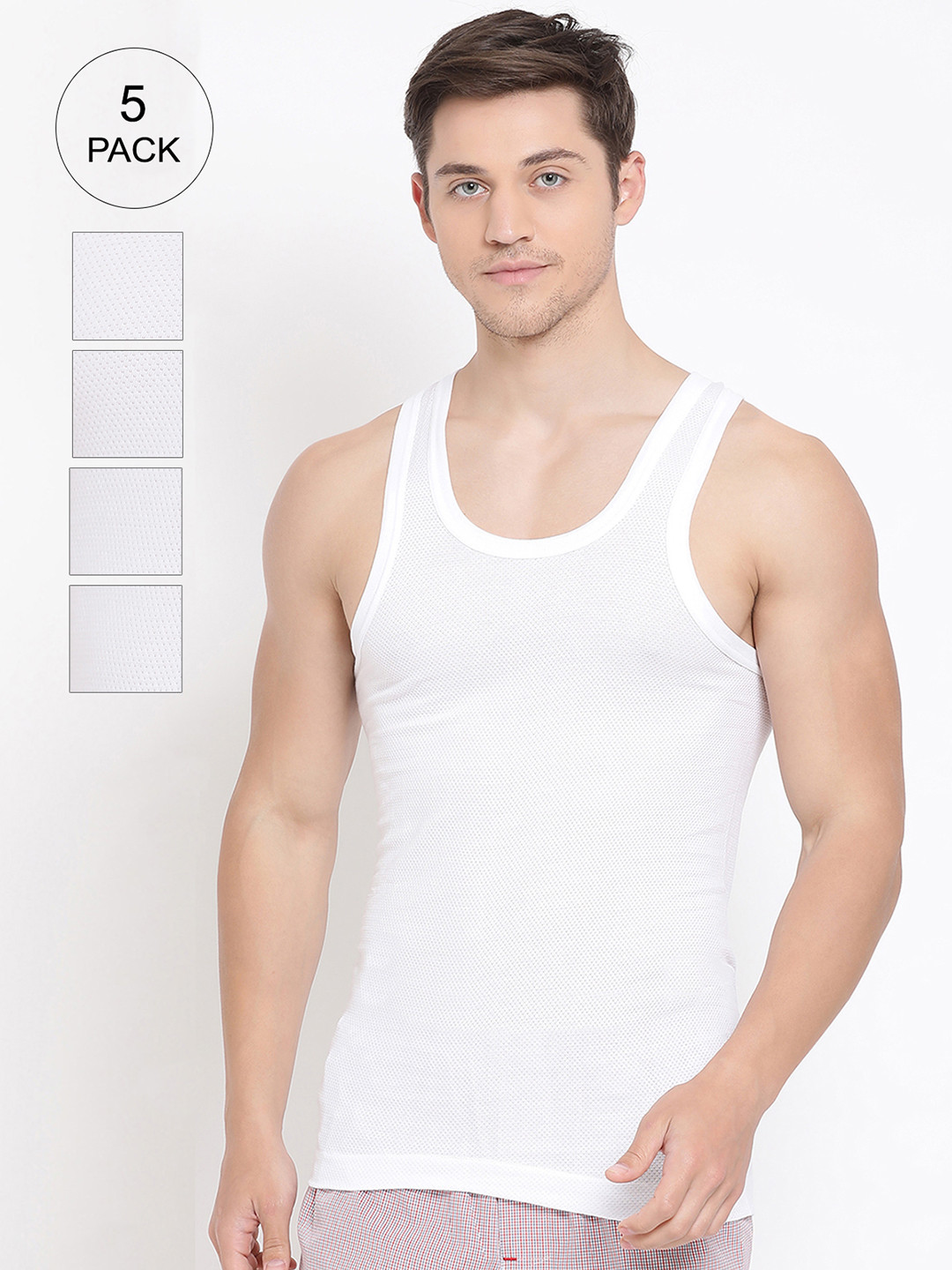 

Lux Cozi Men Pack Of 5 Solid Aircool Breathable Cotton Basic Sleeveless Innerwear Vests, White
