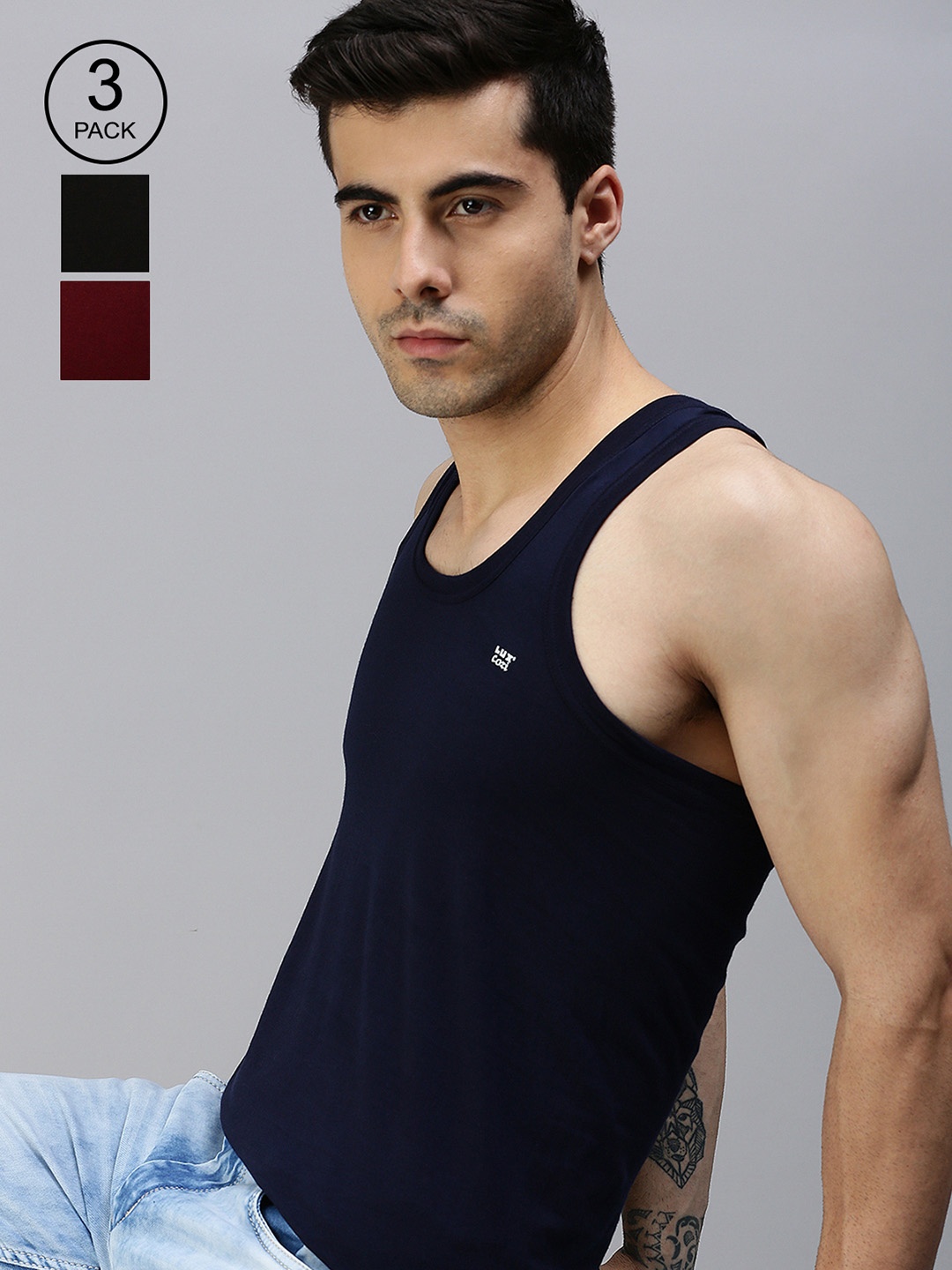

Lux Cozi Men Pack Of 3 Solid Pure Cotton Basic Vests, Black