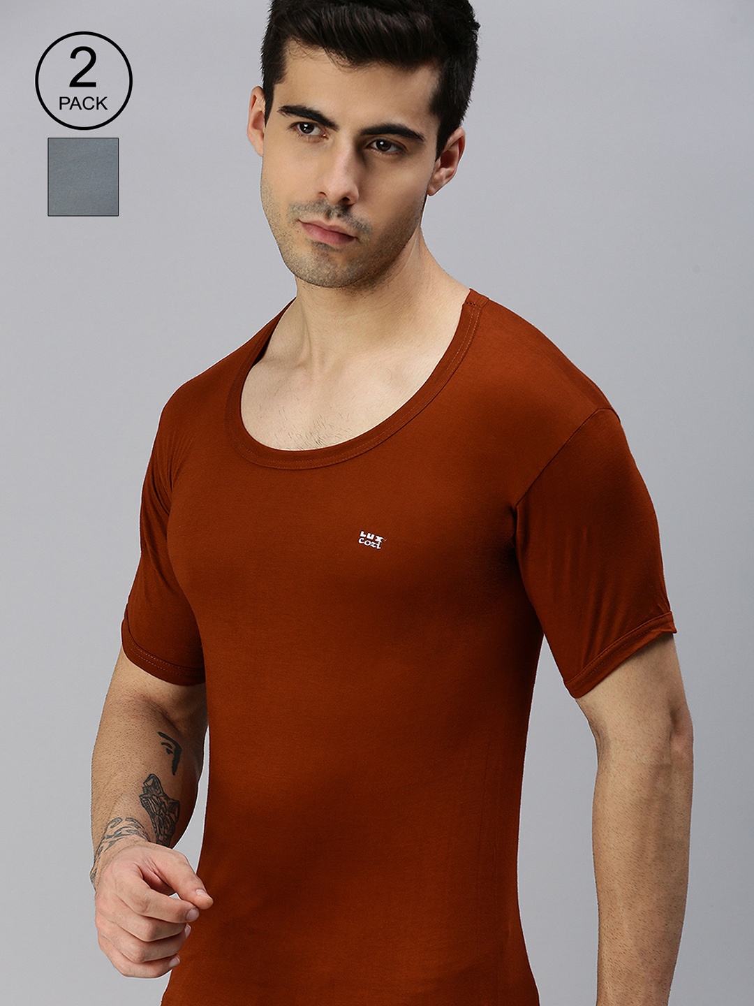 

Lux Cozi Men Brown & Grey Pack Of 2 Solid Organic Cotton Innerwear Vests