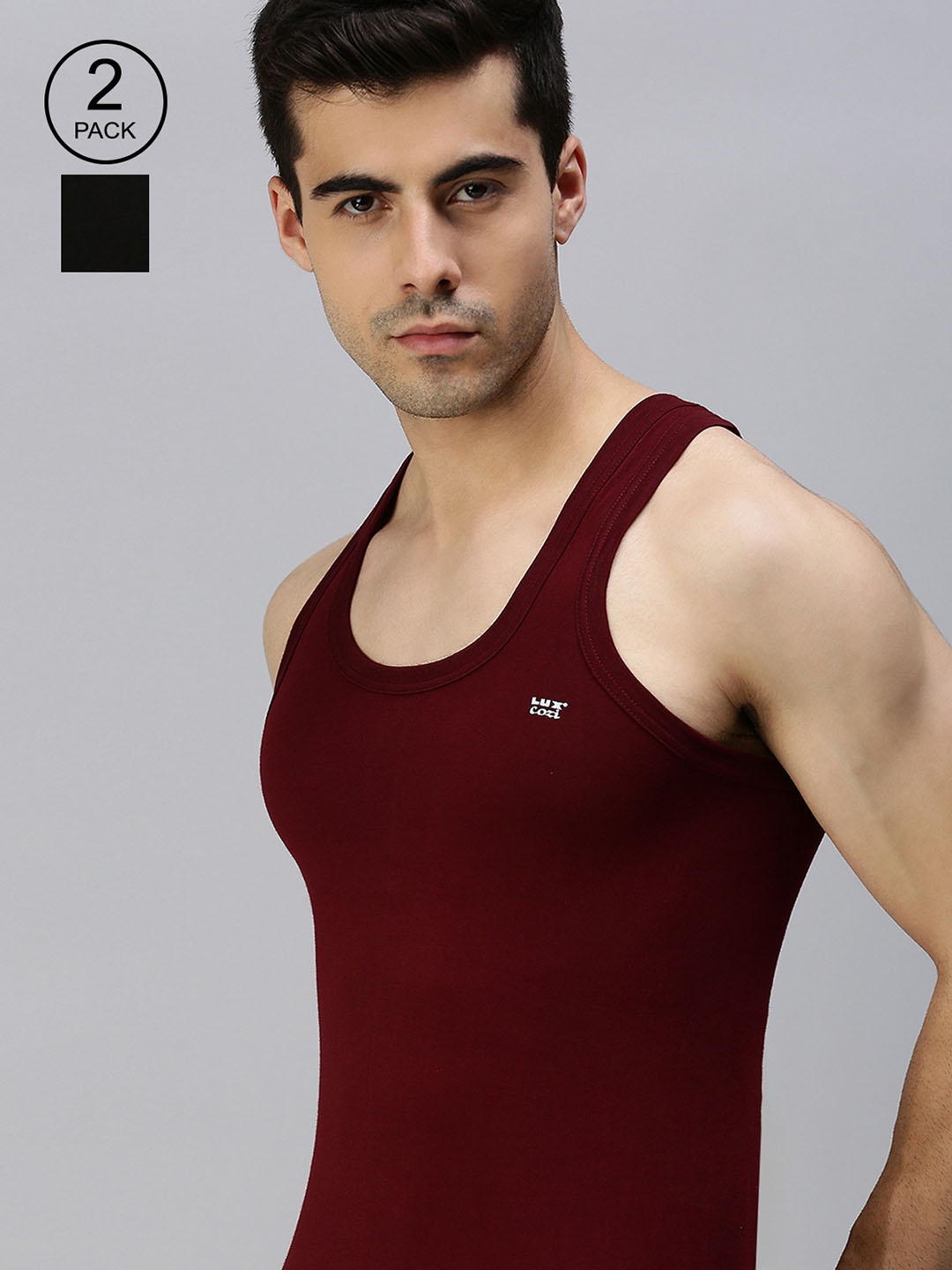 

Lux Cozi Men Black & Brown Pack Of 2 Solid Basic Organic Cotton Innerwear Vests