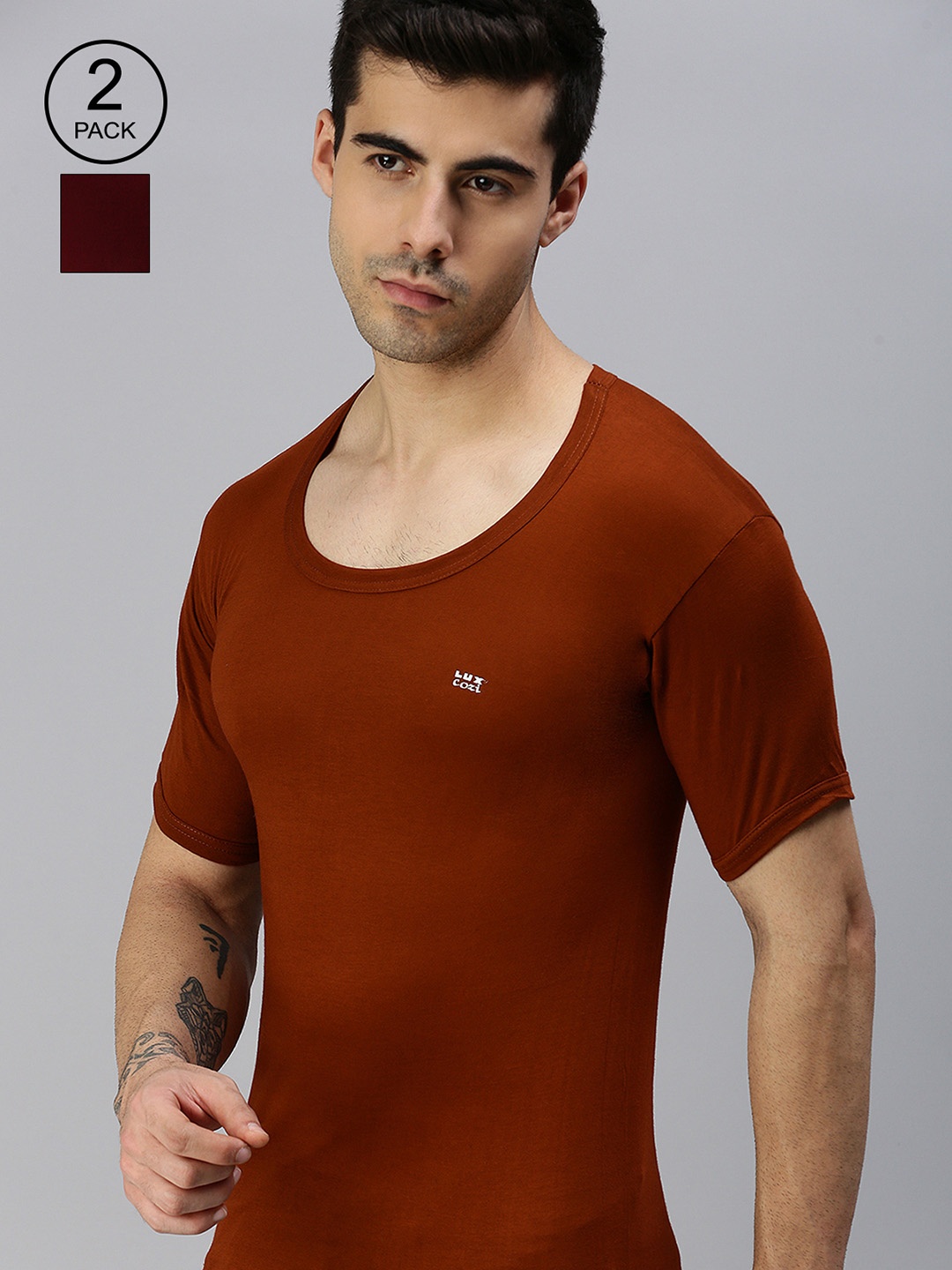 

Lux Cozi Men Brown & Maroon Pack Of 2 Solid Organic Cotton Innerwear Vests