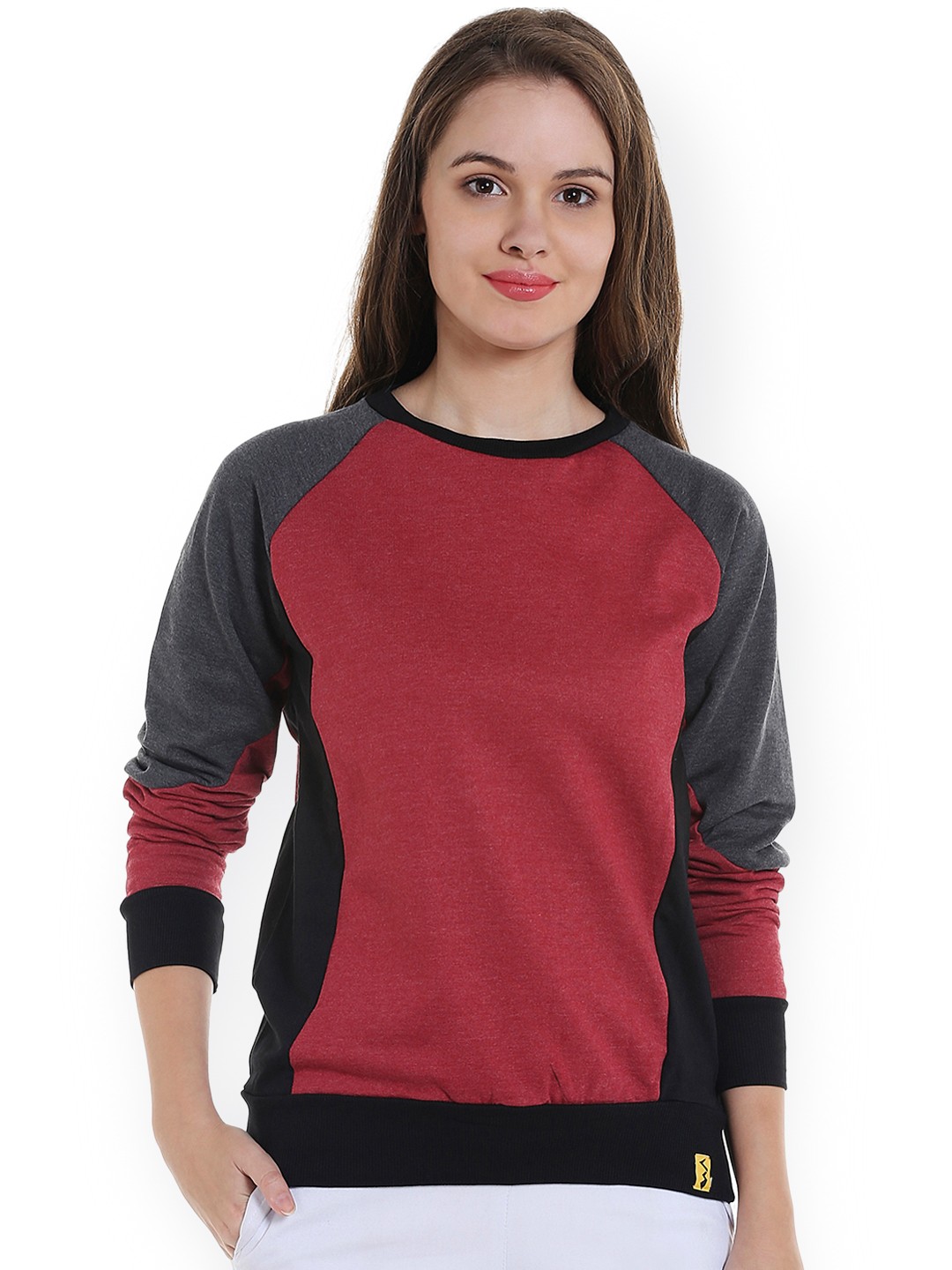 

Campus Sutra Women Maroon & Grey Colourblocked Sweatshirt