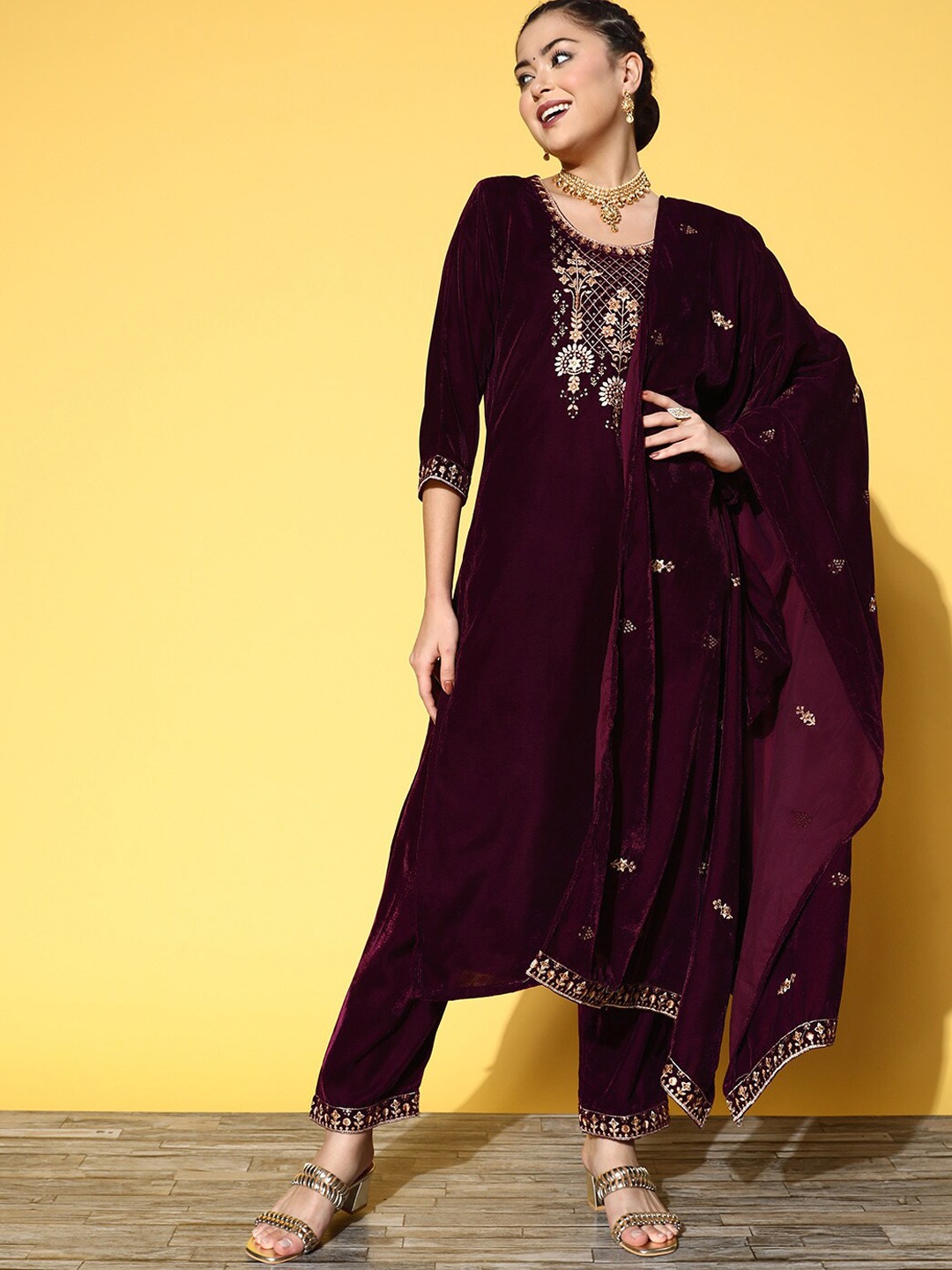 

Varanga Women Winter Embroidered Velvet Kurta Set With Dupatta, Purple