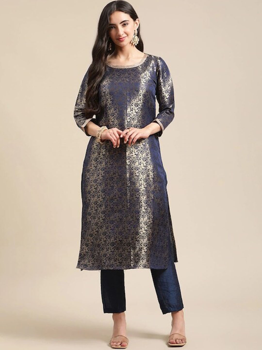 

Varanga Women Blue & Gold Floral Brocade Gotta Patti Straight Winter Kurta with Trousers