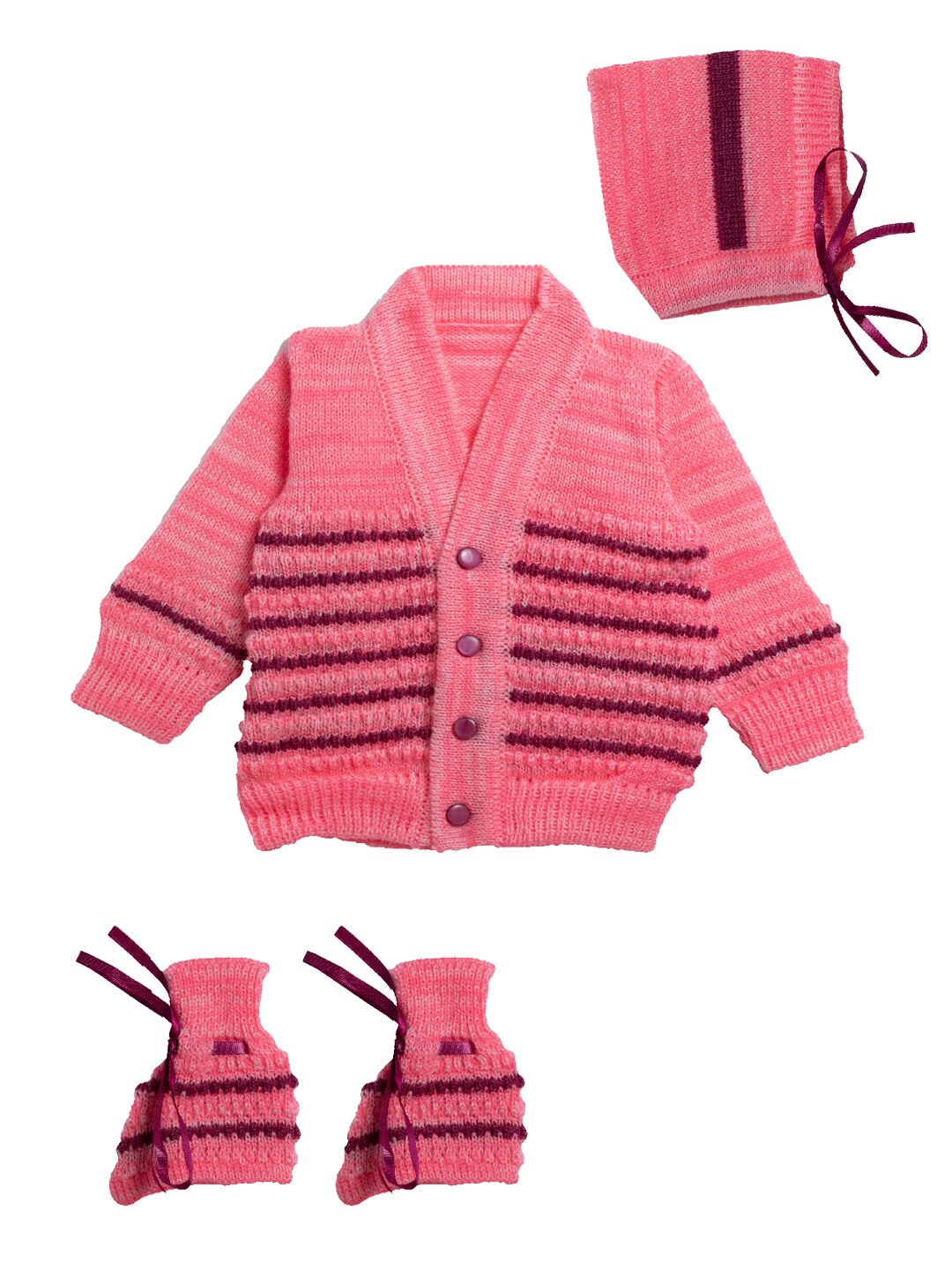 

Little Angels Girls Pink & Purple Striped Cardigan With Cap And Socks