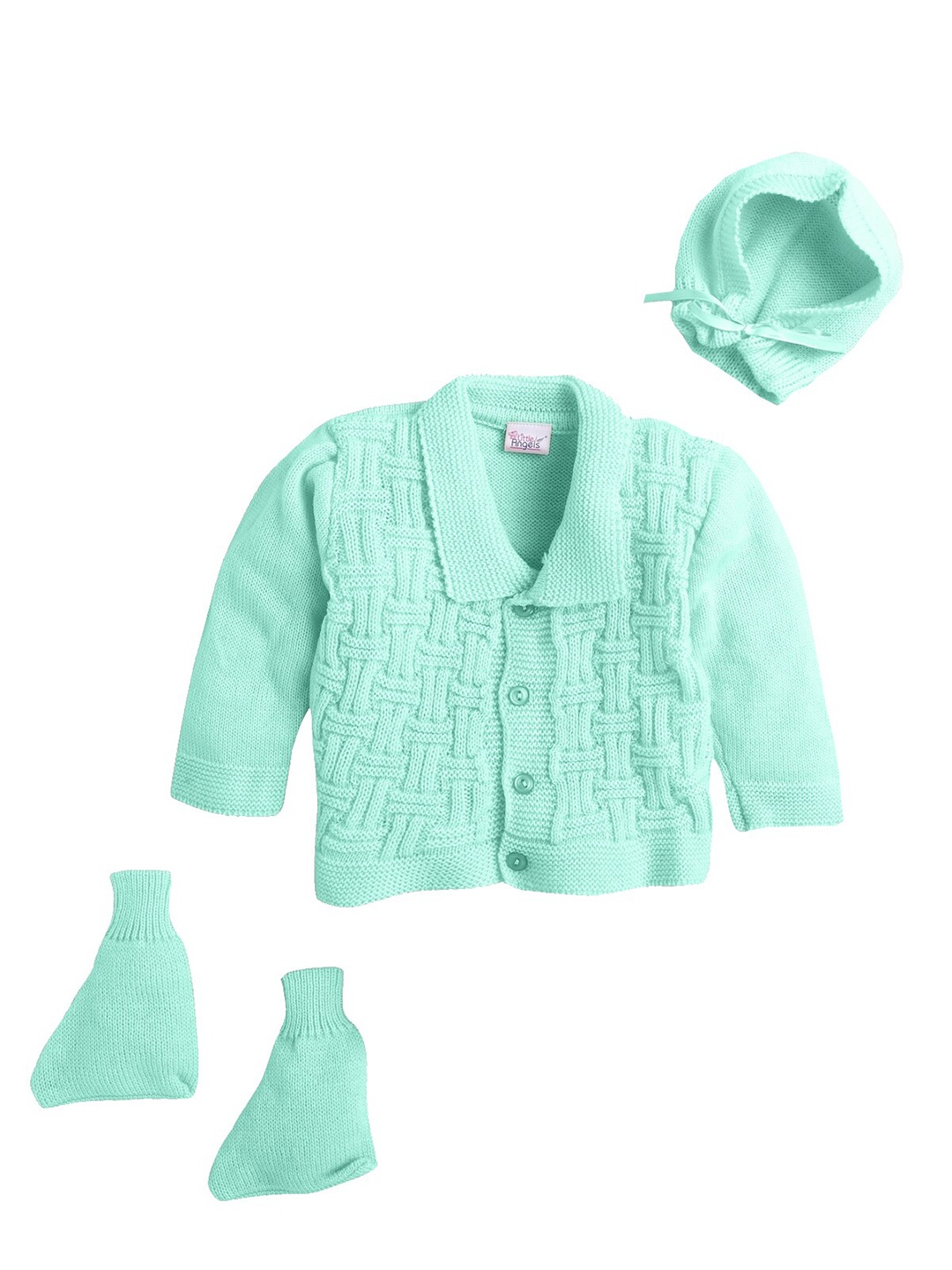 

Little Angels Unisex Kids Green Cable Knit Cardigan With Cap And Socks