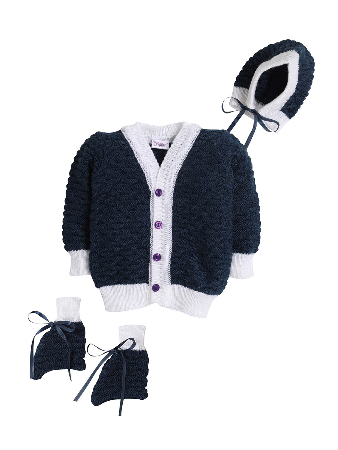 

Little Angels Unisex Kids Navy Blue & Off White Colourblocked Cardigan With Cap And Socks