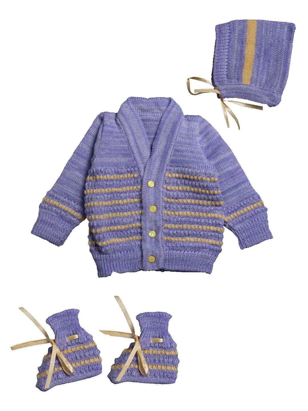 

Little Angels Unisex Kids Purple & Yellow Striped Cardigan With Cap And Socks