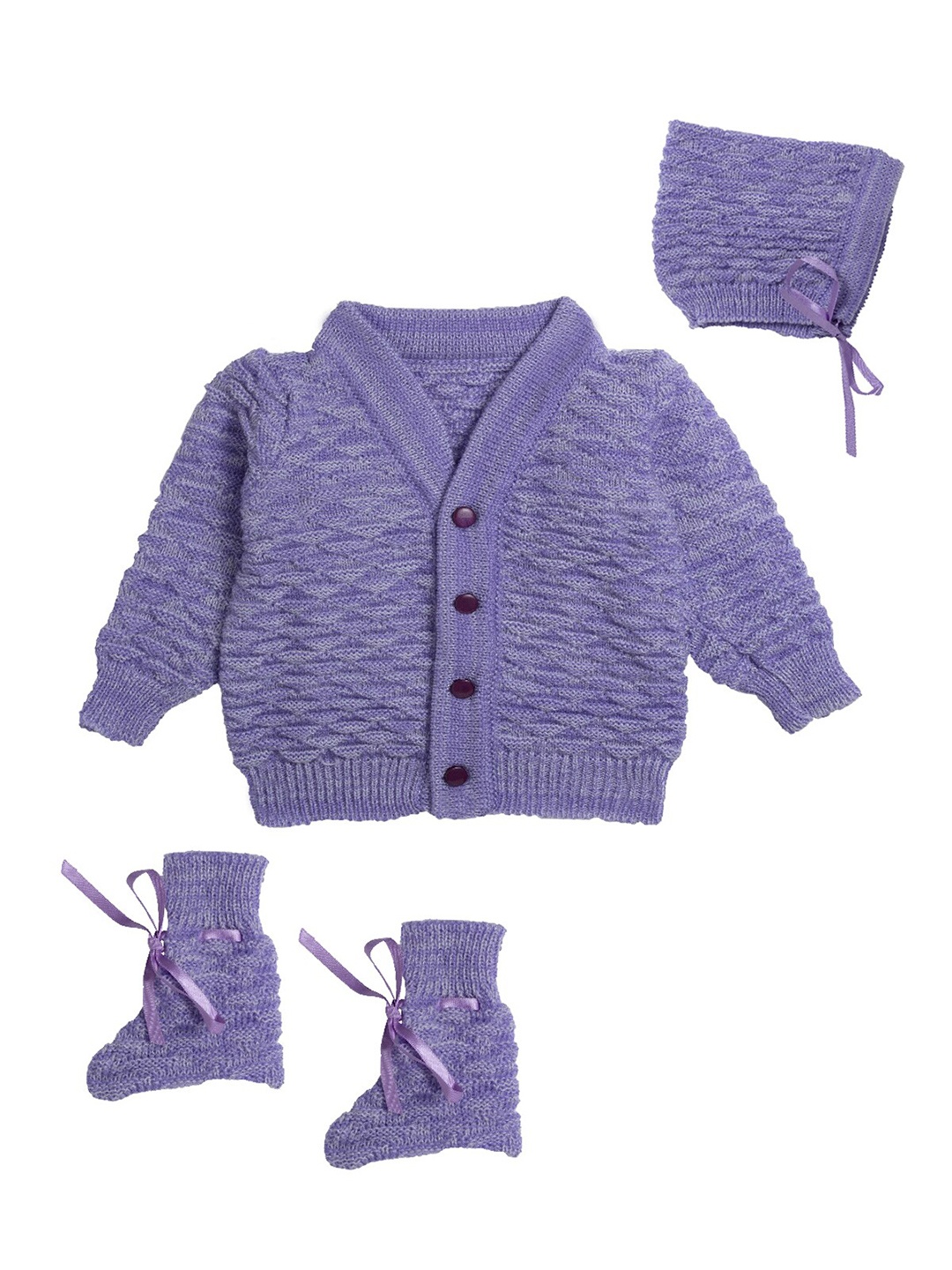 

Little Angels Kids Purple Ribbed Full Sleeves Cardigan Set with Cap and Socks
