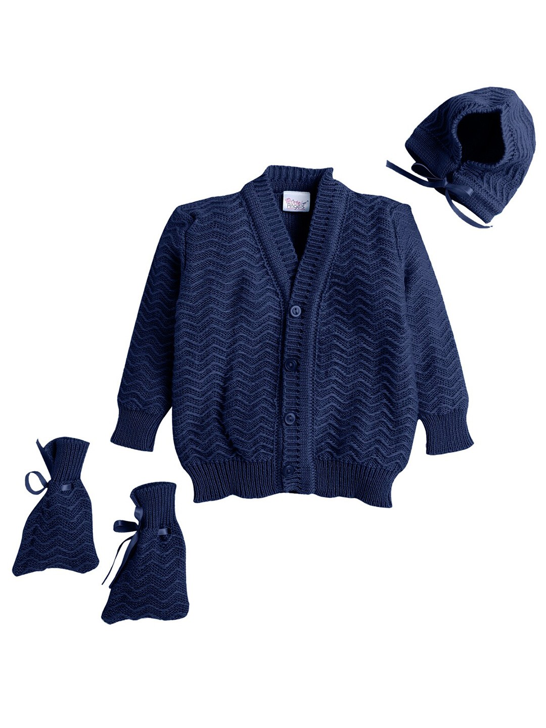 

Little Angels Kids Navy Blue Acrylic Ribbed Cardigan Set With Cap And Socks