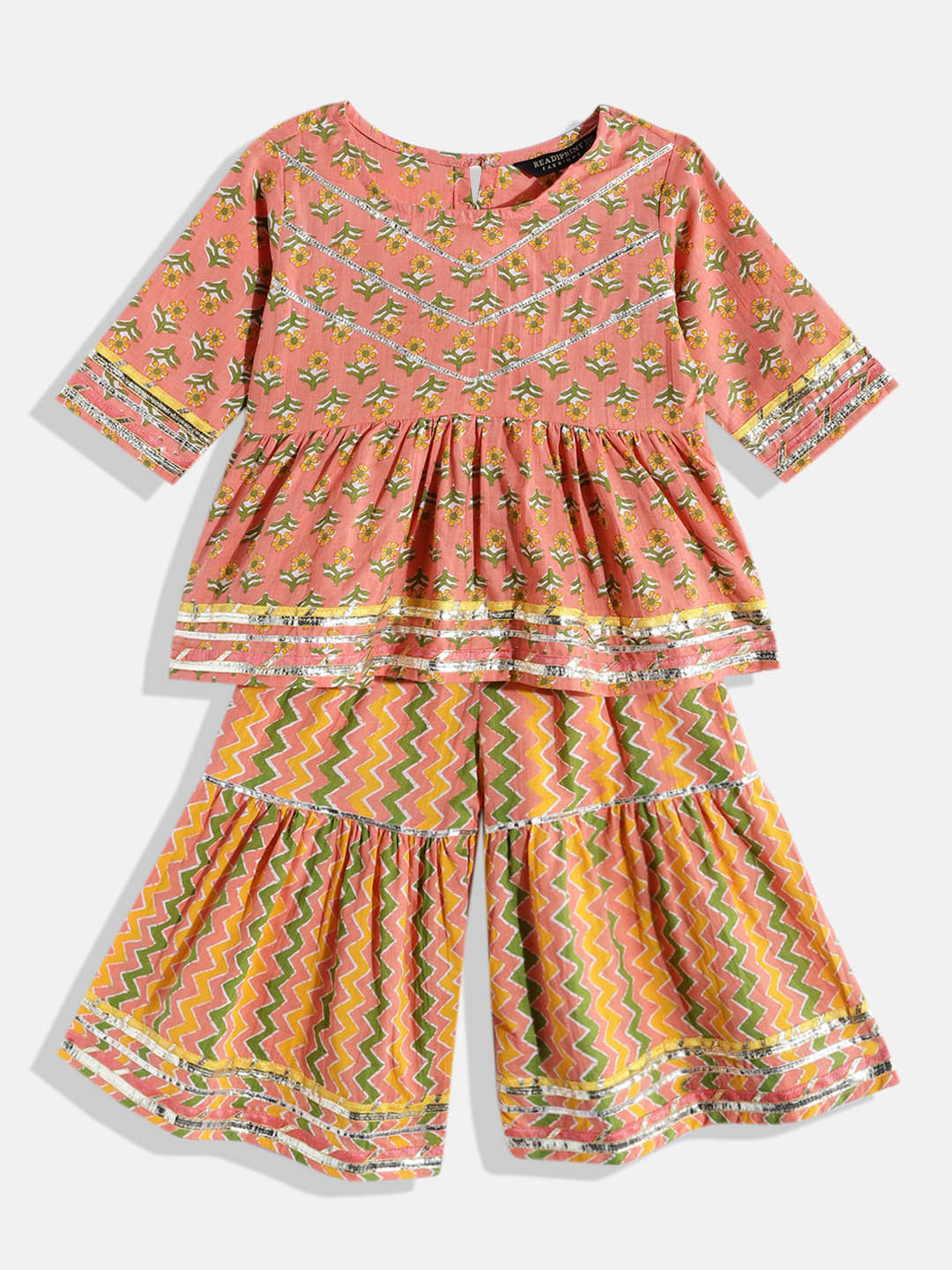 

Readiprint Fashions Girls Peach-Coloured & Green Printed Pure Cotton Kurti with Sharara