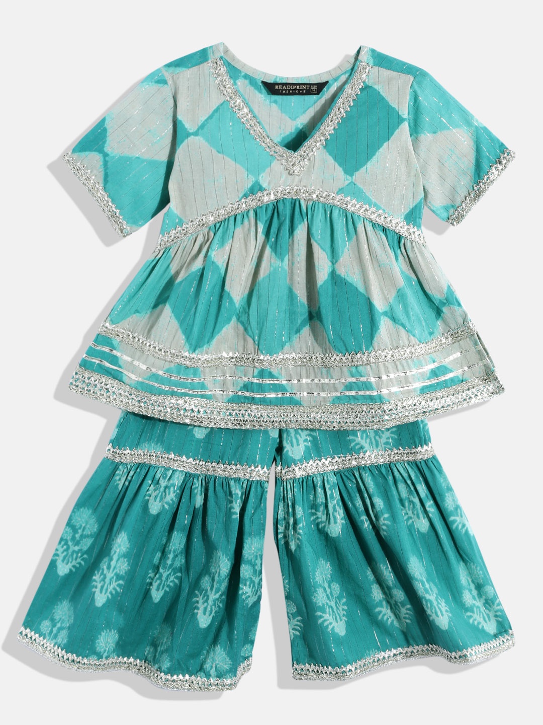 

Readiprint Fashions Girls Teal Blue & Grey Printed Pure Cotton Kurti with Sharara