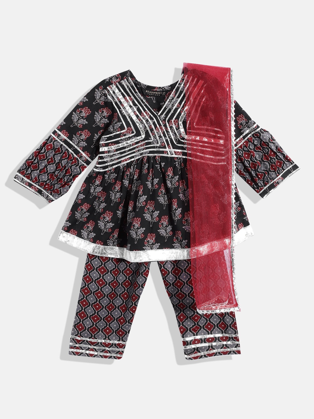 

Readiprint Fashions Girls Black & Maroon Cotton Printed Kurti with Sharara & Dupatta