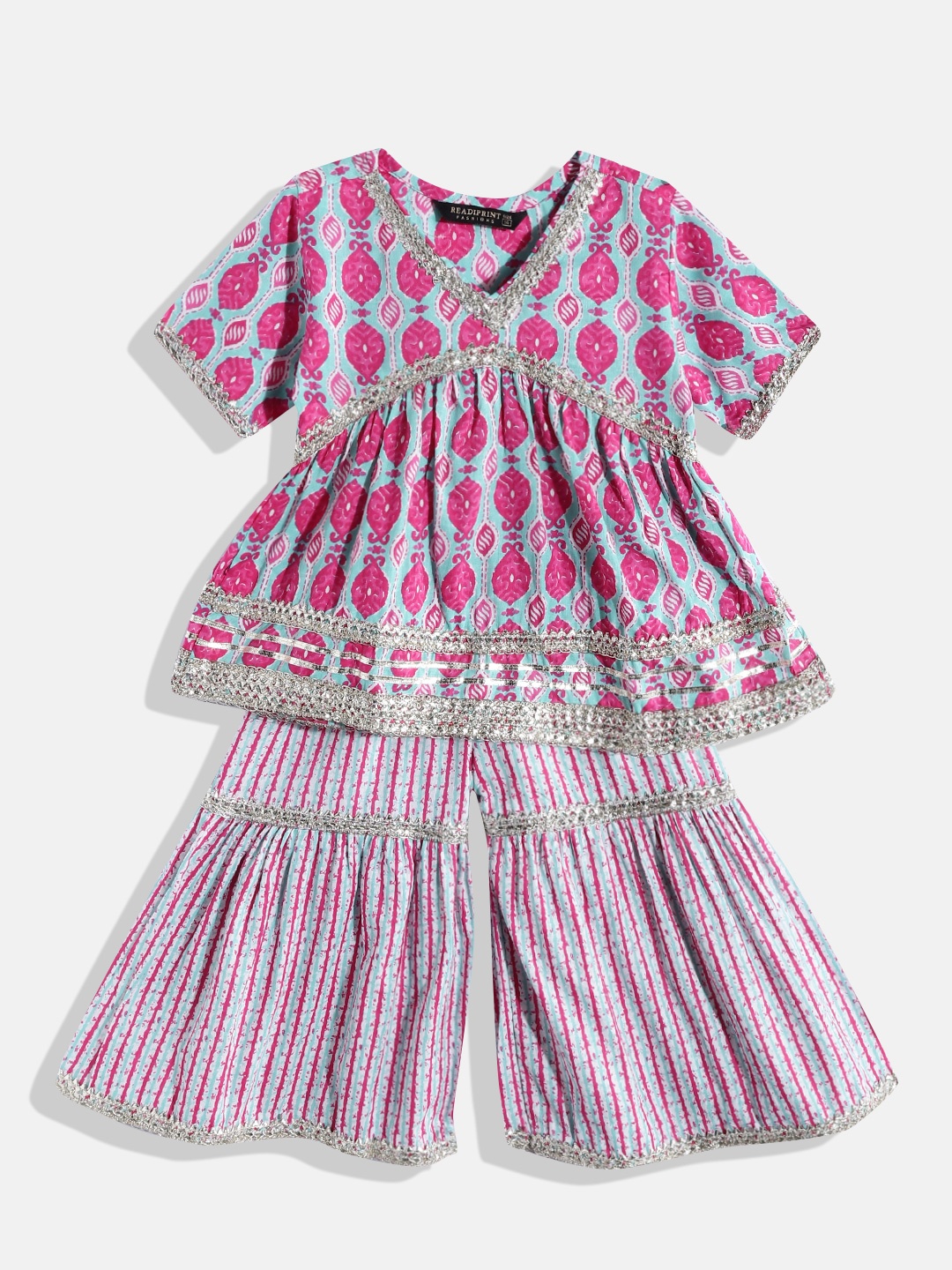 

Readiprint Girls Pink & Sea Green Printed Pure Cotton Kurti with Sharara