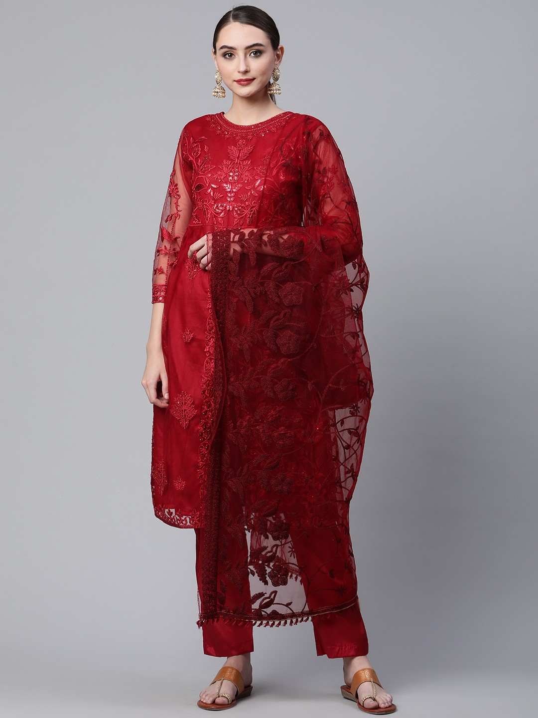 Readiprint Fashions Red Embroidered Semi-Stitched Dress Material