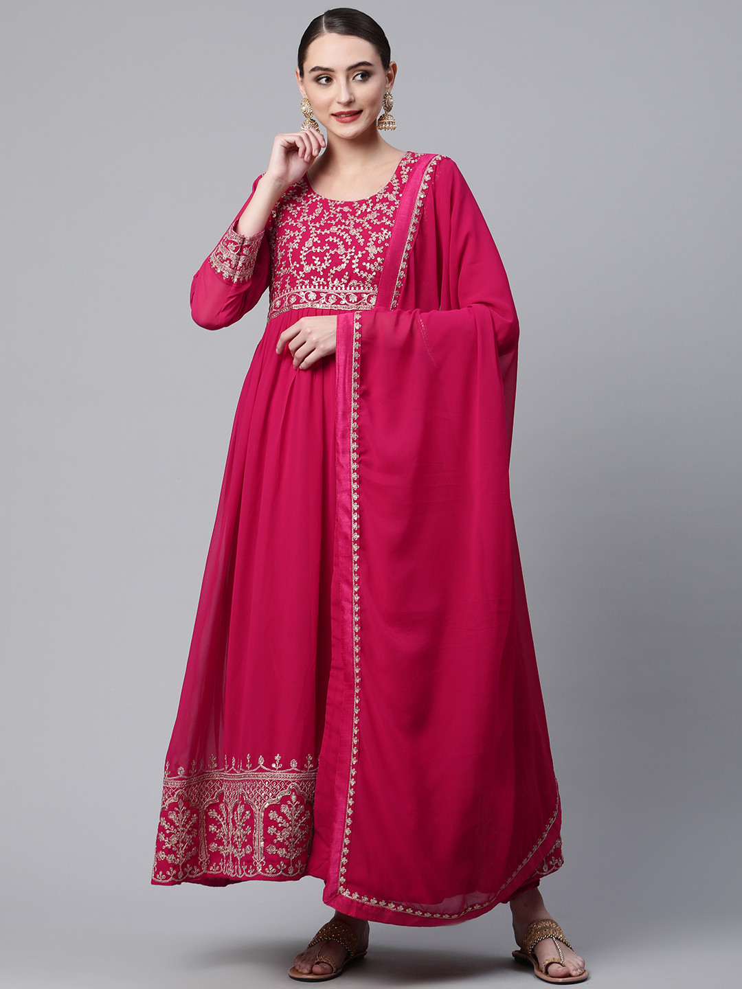 

Readiprint Fashions Pink & Golden Embroidered Semi-Stitched Dress Material