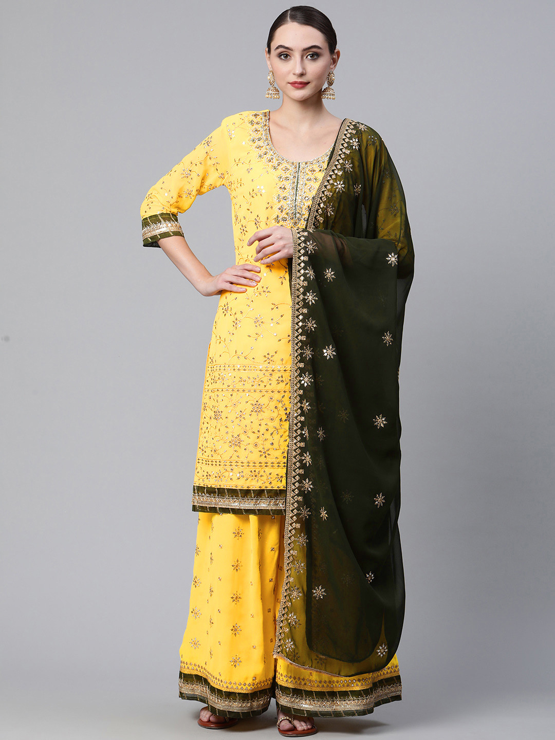 

Readiprint Fashions Yellow & Olive Green Embroidered Semi-Stitched Dress Material