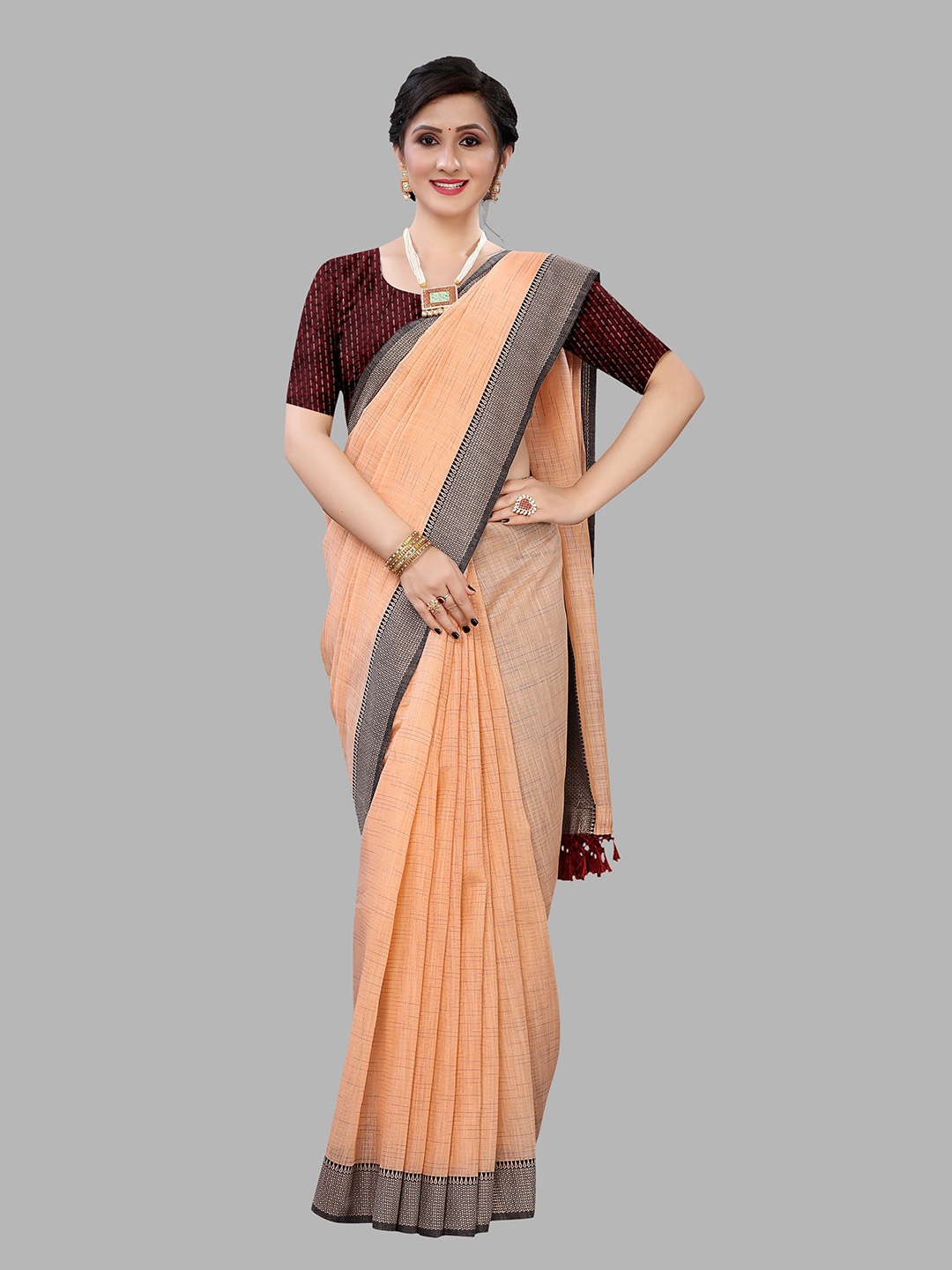 

Fashion FRICKS Orange & Black Woven Design Silk Cotton Bandhani Saree