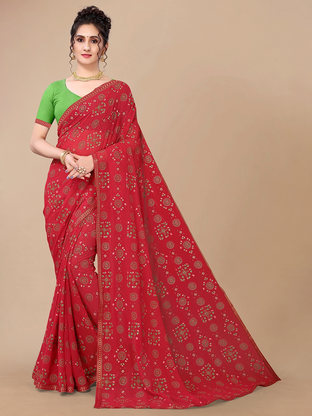 

Fashion FRICKS Red & Green Ethnic Motifs Pure Georgette Bandhani Saree