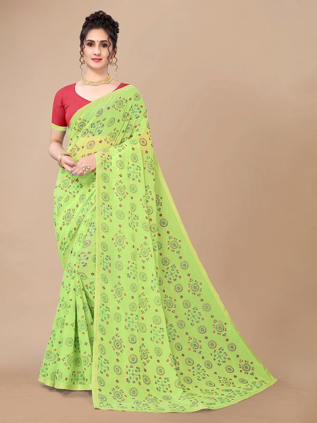 

Fashion FRICKS Green & Red Bandhani Zari Pure Georgette Bandhani Saree