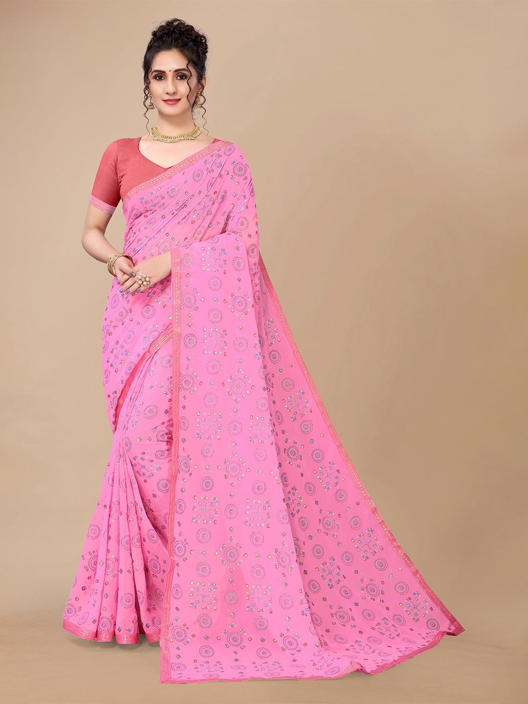 

Fashion FRICKS Pink & Gold-Toned Bandhani Zari Pure Georgette Bandhani Saree