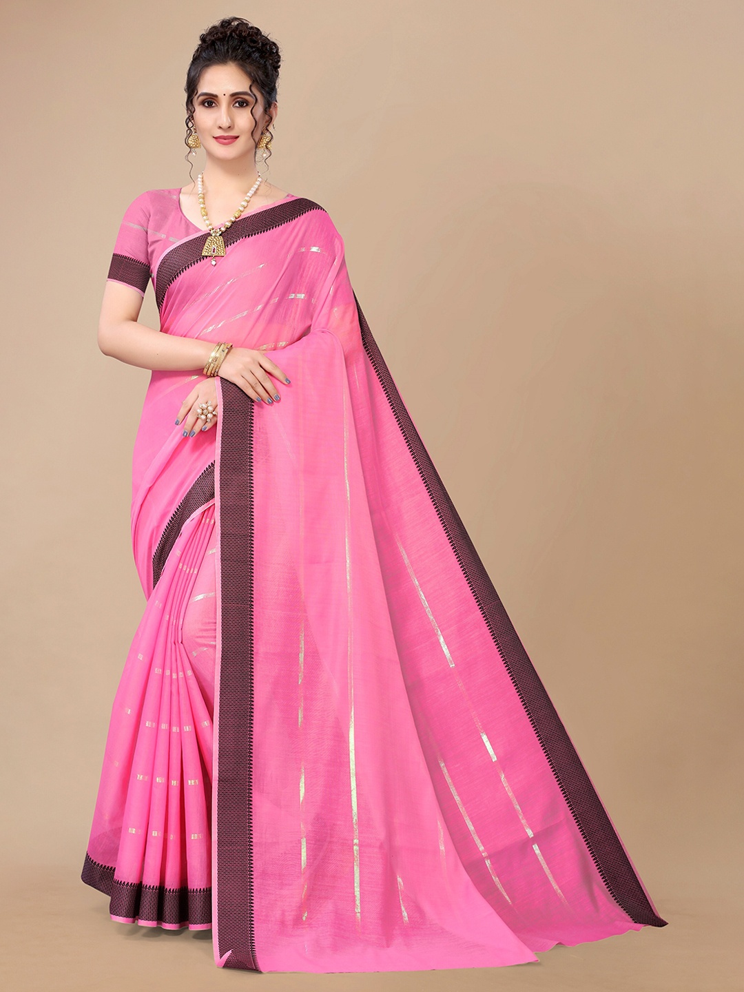 

Fashion FRICKS Pink & Brown Striped Silk Cotton Saree