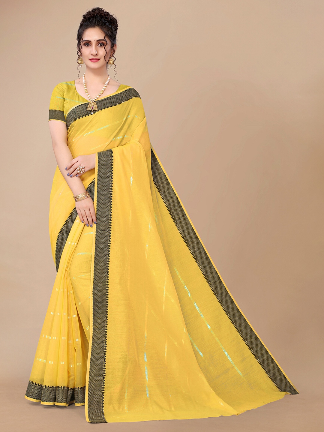 

Fashion FRICKS Yellow & Black Striped Silk Cotton Saree